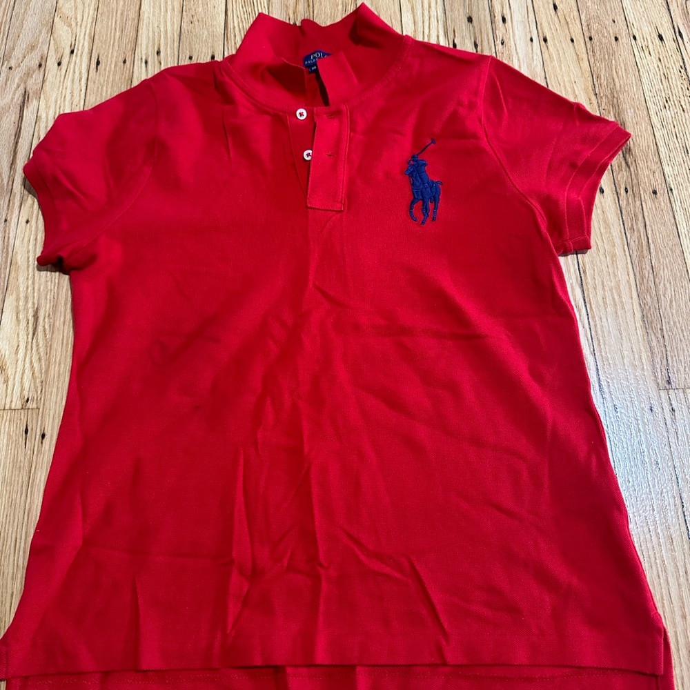 Red Polo shirt with collar by Ralph Lauren. Size XL. Blue horse.Not faded.